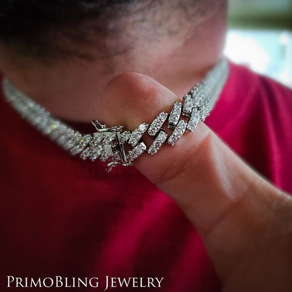 Block Link Simulated Diamond Cuban Link Necklace - Picture 2 of 5